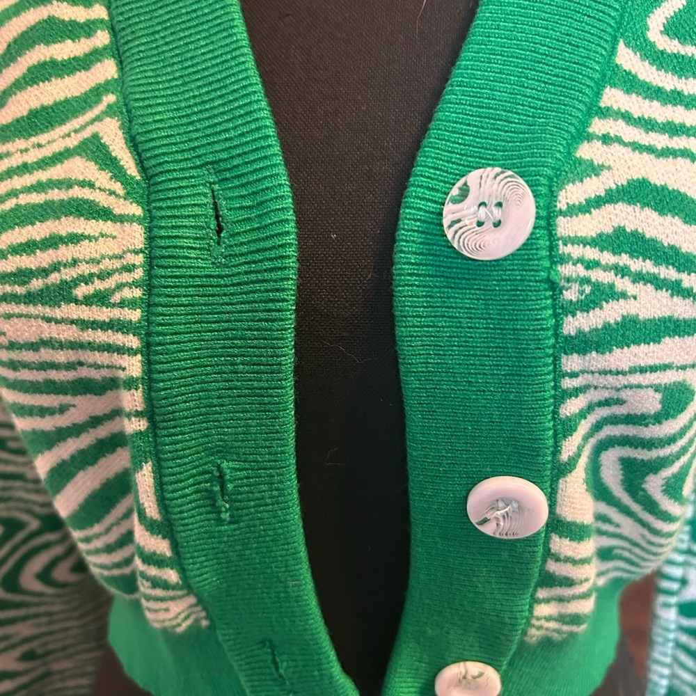 Pretty Garbage Women Green Wave Swirl Patterned Cardigan Sweater Size Small - Picture 3 of 4